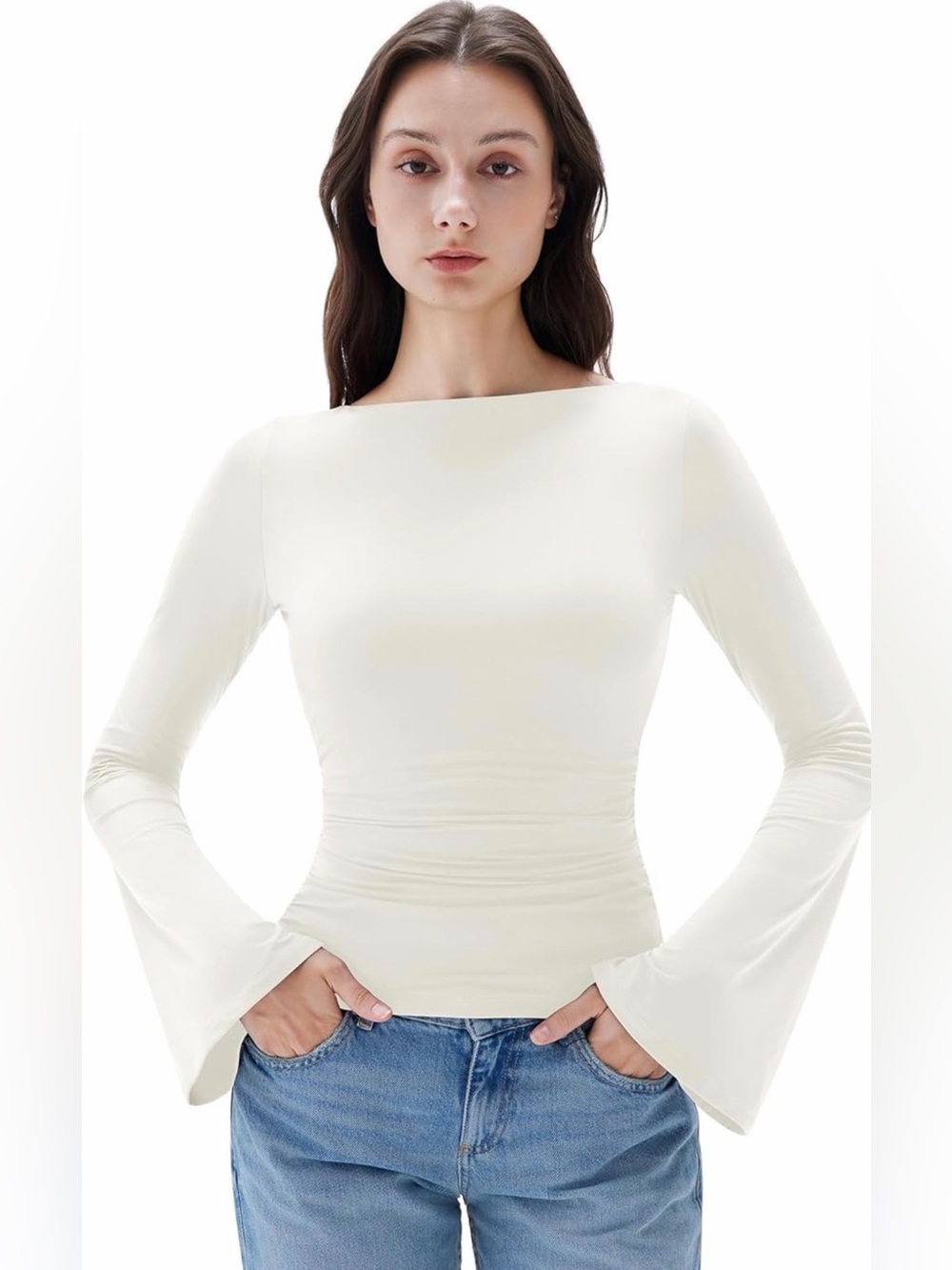 Women Crew Neck Bell Sleeve Top Double Lined Going Out Fitted Basic T Shirt (9)
